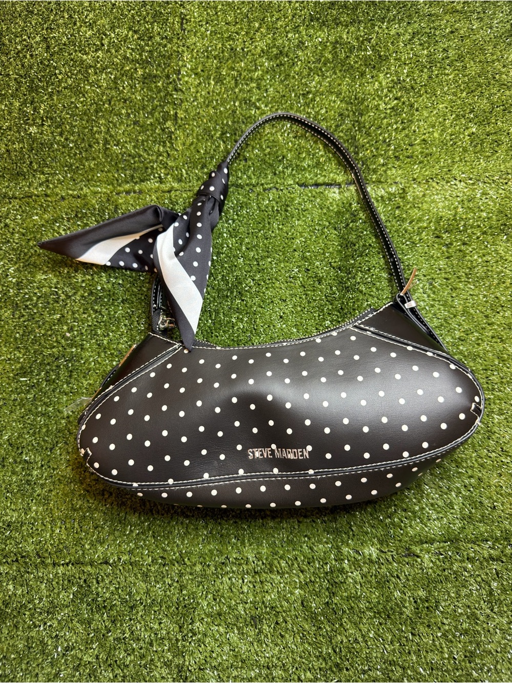 Steve Madden Black and White Polka Dot Shoulder Bag with Scarf Accent
